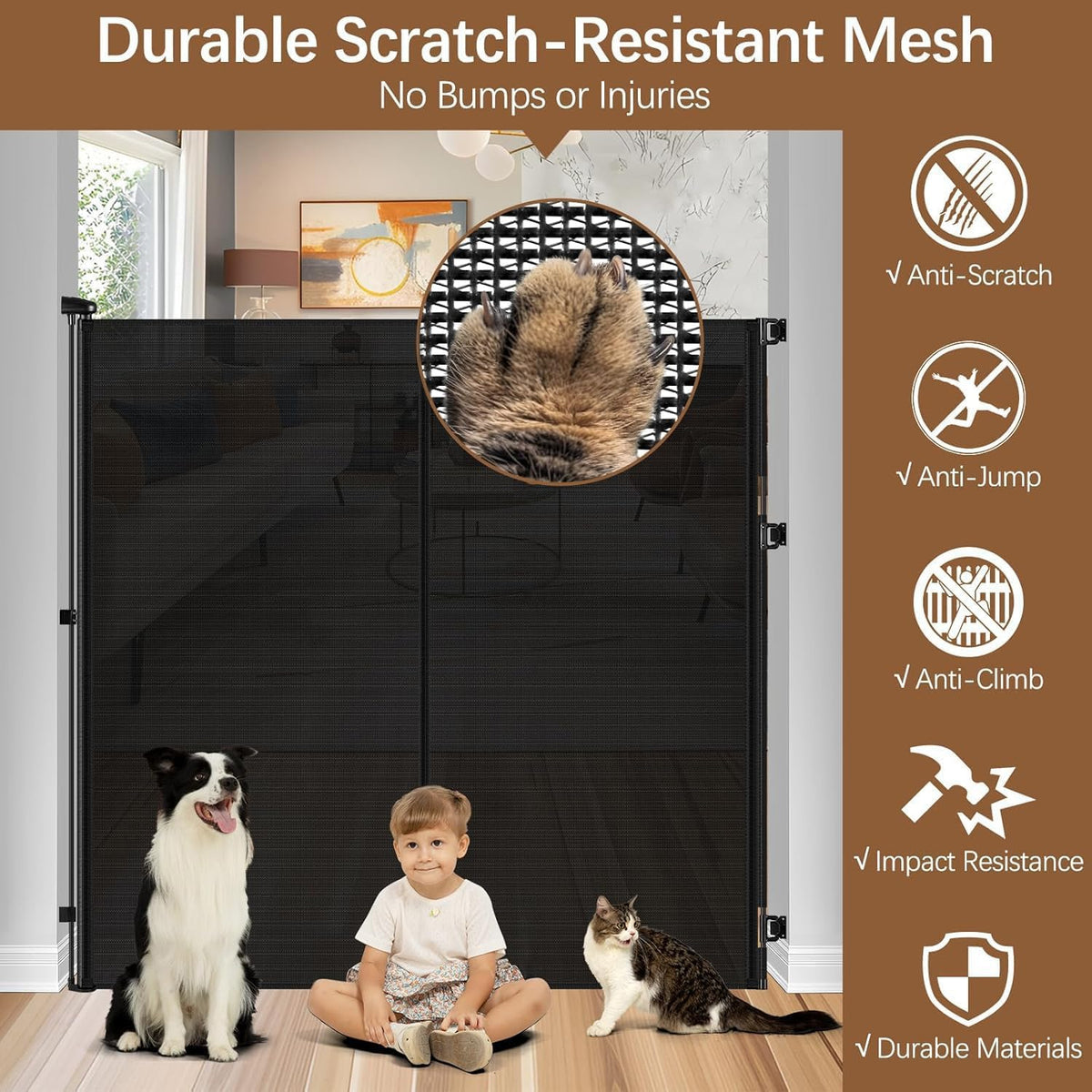 60" x 55" Wide Extra-Wide Retractable Indoor Mesh Pet & Child Safety Gate with One-Hand Safety Lock for Wide Openings, Patios & Stairways — Black