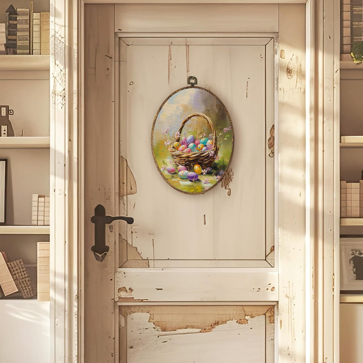 Vintage Easter Eggs Oval Wall Art Decor, Spring Farmhouse Oval Hanging Wall Decor, Easter Egg in Basket Canvas Framed