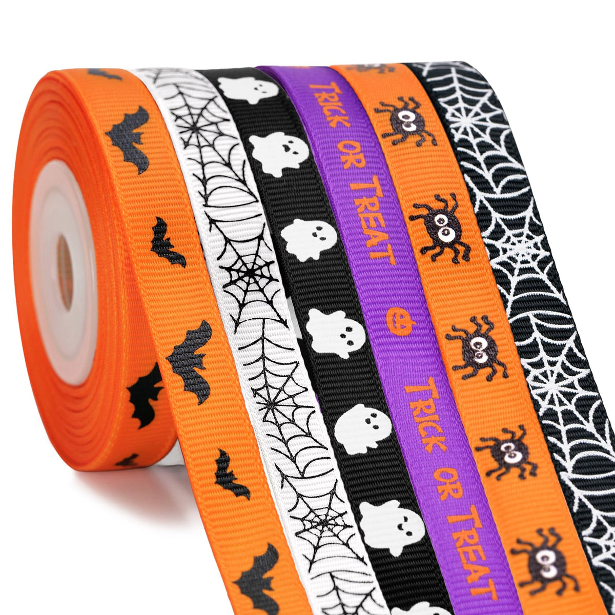 6 Rolls Halloween Ribbon 3/8'' x 60 Yds Black White Orange Purple