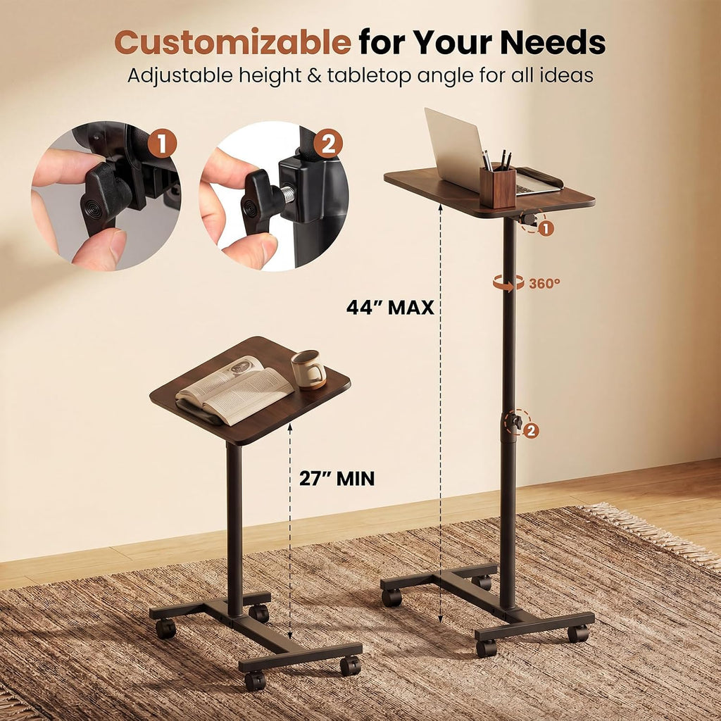 Overbed Table with Wheels, Medical Adjustable Bedside Table, Walnut