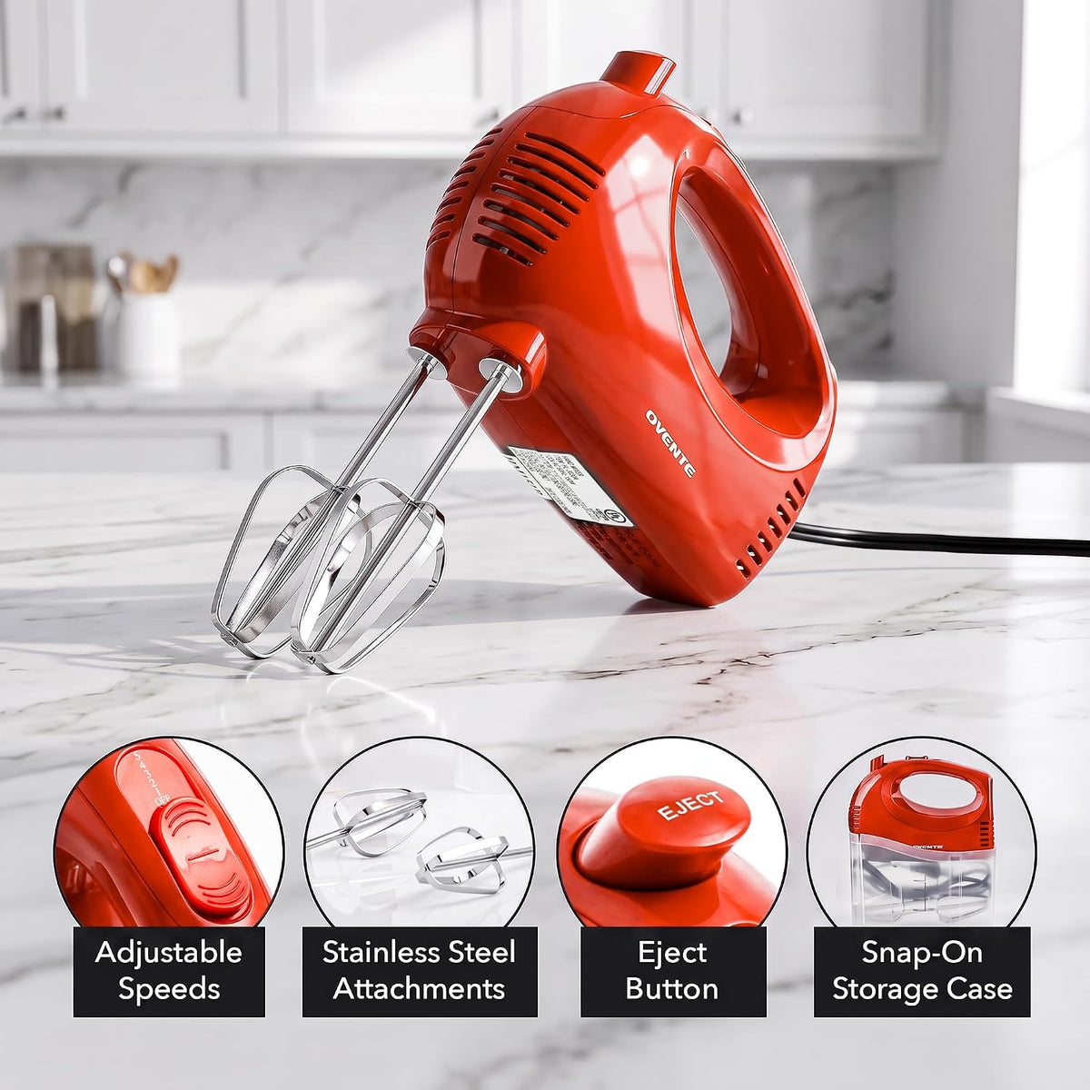 5-Speed Electric Hand Mixer with Storage Case,150W, Red HM151R | Stainless Steel Whisks, Compact Portable Design