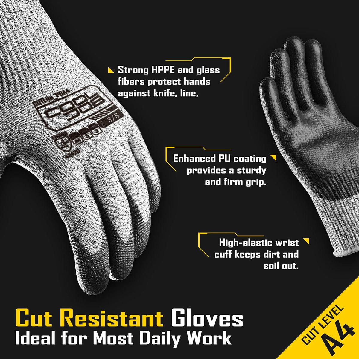 Cut Resistant Safety Work Gloves with Grip, 12 Pairs, Size Medium, ANSI A4, 13 Gauge Seamless Shell with PU Coating, Gray