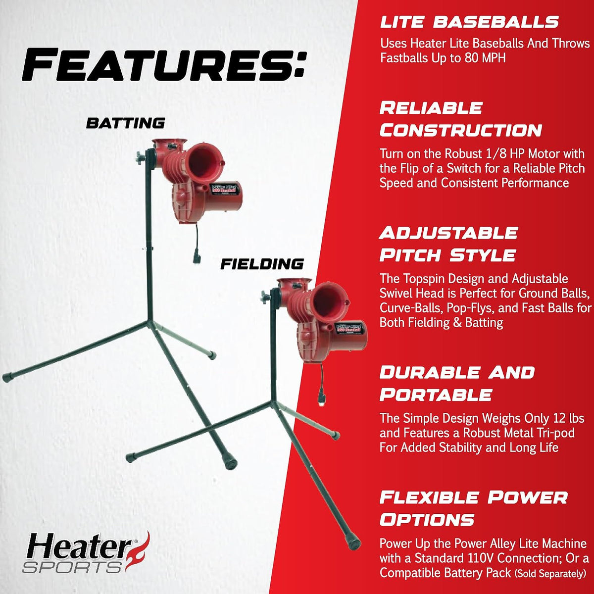 Sports Power Alley Lite 360 Baseball Pitching Machine - Pitches Lite Balls 40-80 MPH Fastballs, Sliders, & Curves |