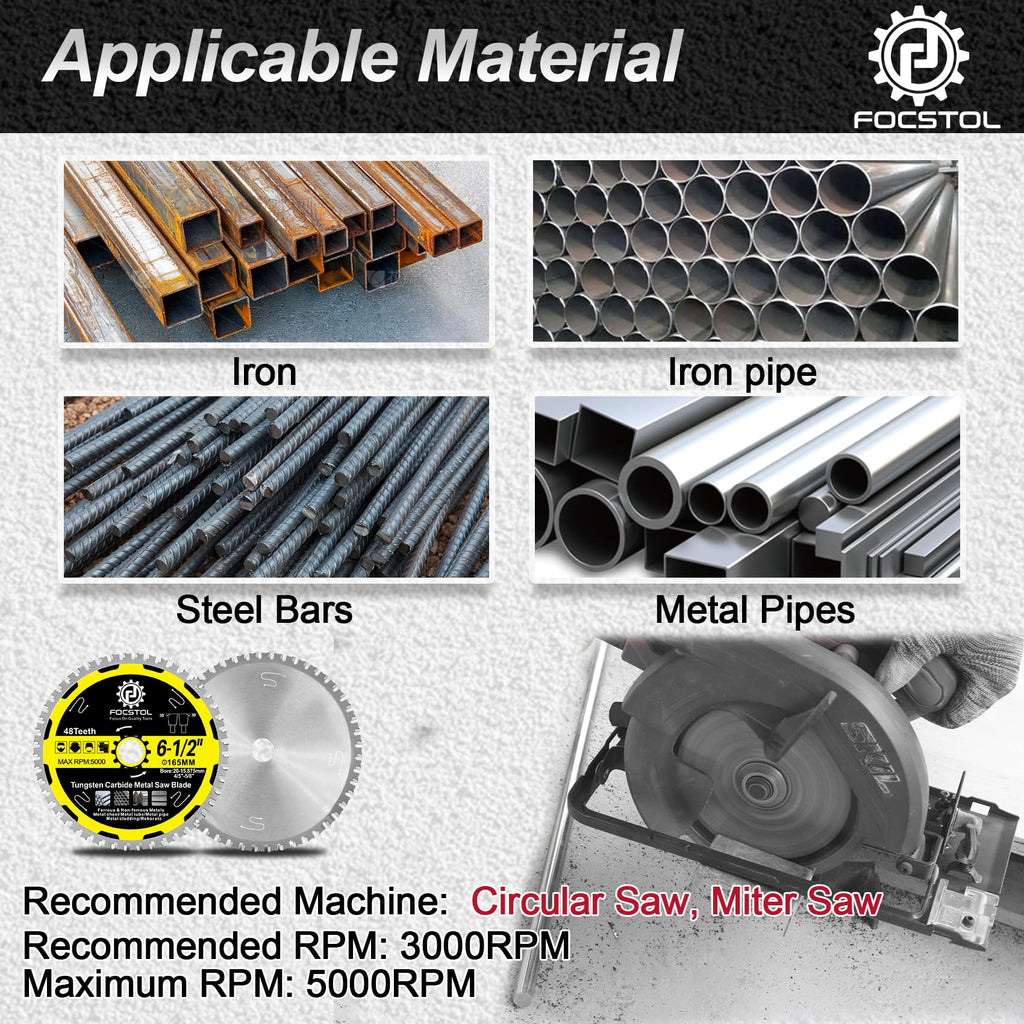 6-1/2 Inch Metal Cutting Circular Saw Blade - FOCSTOL Tungsten Carbide Tipped Saw Blade 48T for Iron Ferrous Metals Steel Pipe Arbor 4/5 Inch x 5/8 Inch