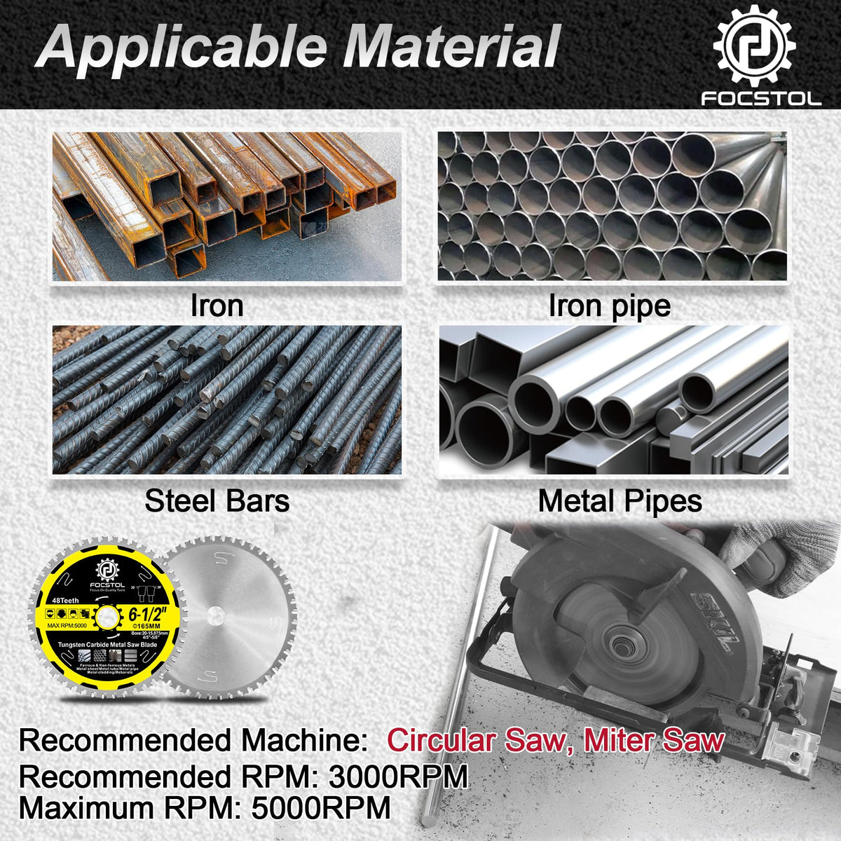 6-1/2 Inch Metal Cutting Circular Saw Blade - FOCSTOL Tungsten Carbide Tipped Saw Blade 48T for Iron Ferrous Metals Steel Pipe Arbor 4/5 Inch x 5/8 Inch