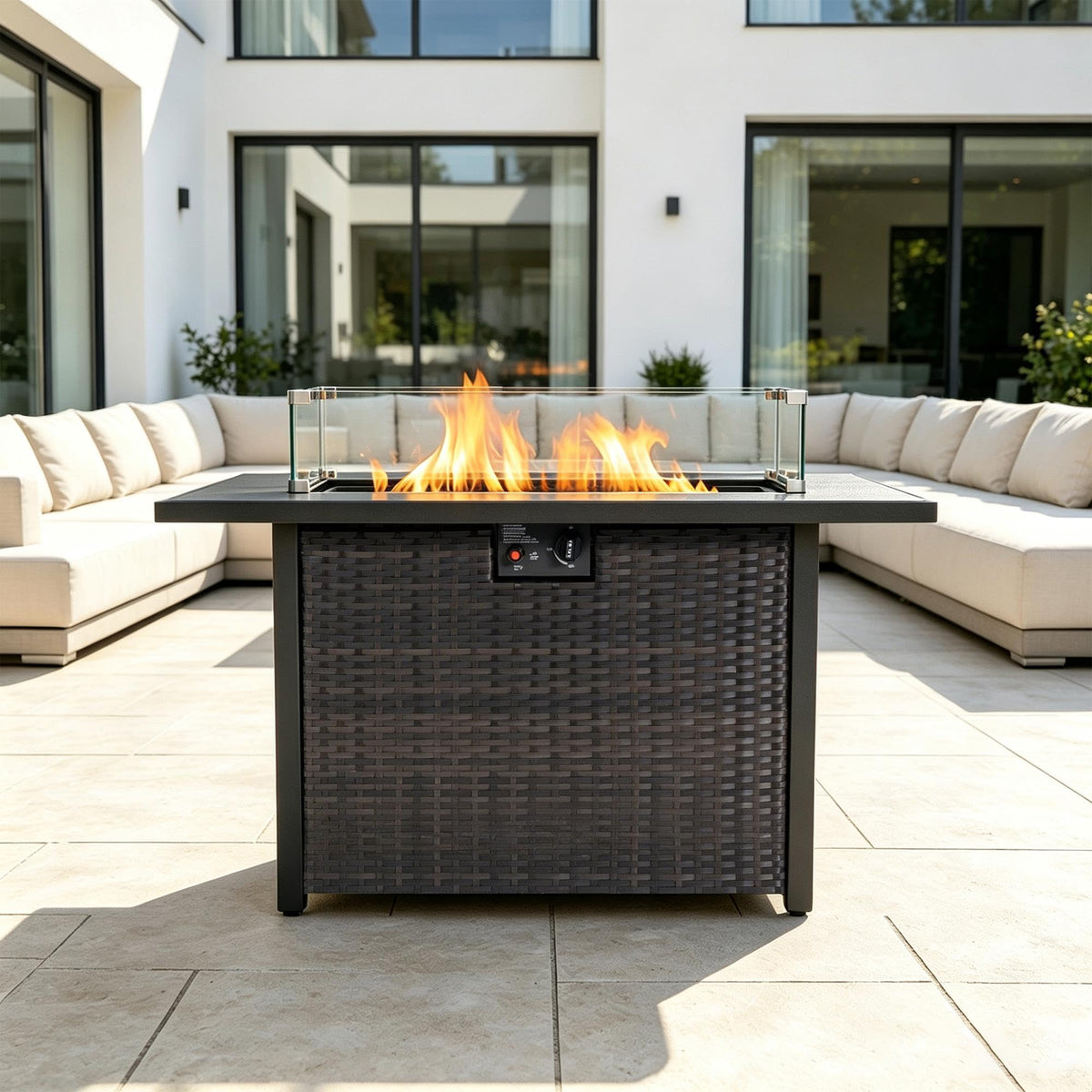 44 Inch Propane Fire Pit Table 50000 BTU Brown Glass Shield 50000 BTU Propane Fire Pit Table for Outdoor Patio