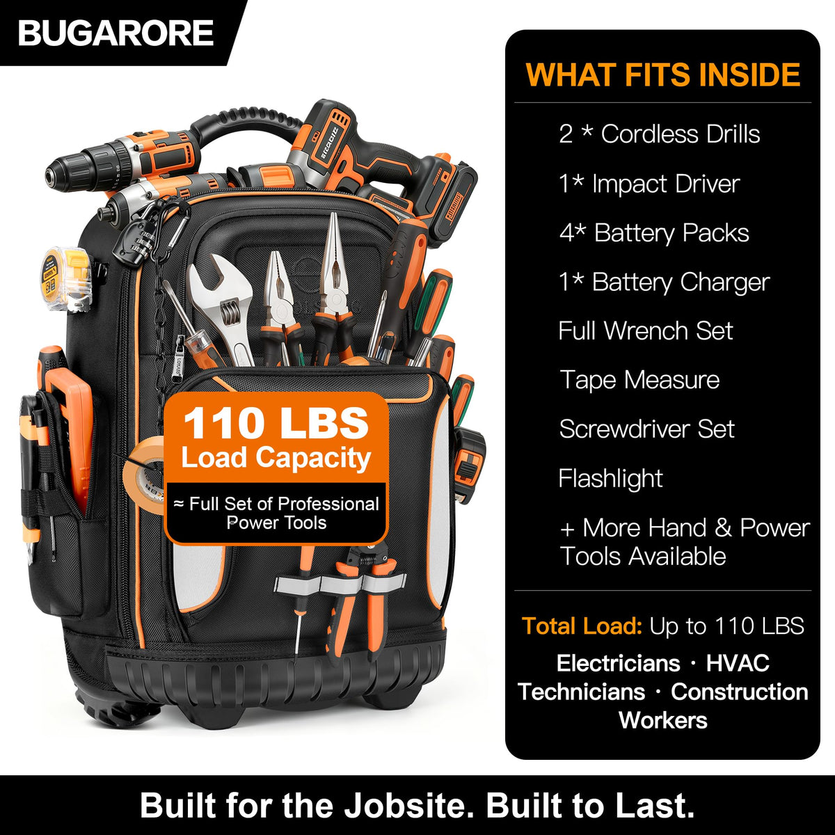 16" Rolling Tool Backpack with Wheels, 75 Pockets Electrician Tool Bag for Construction HVAC, 1680D Waterproof