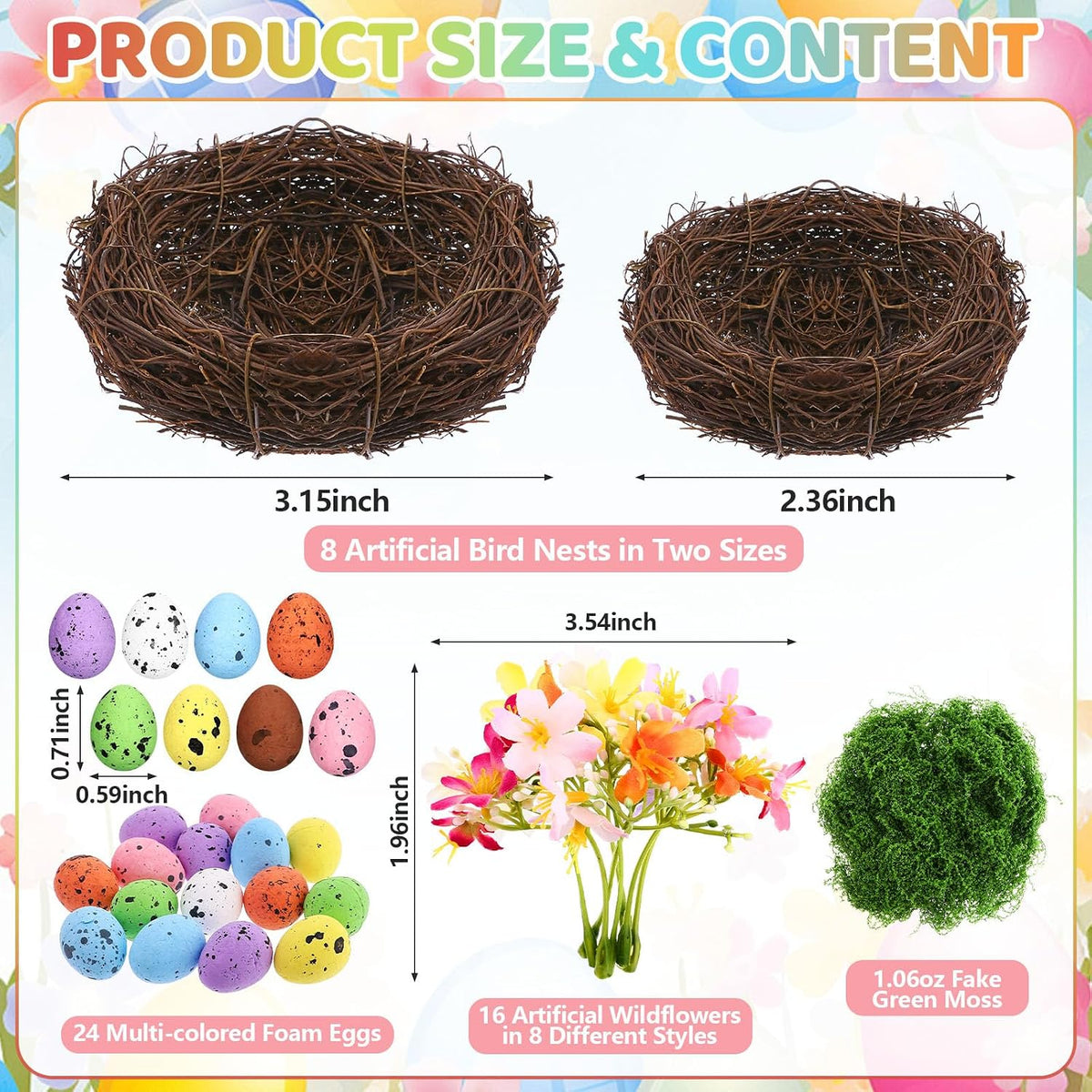 8 Sets Bird Nest Decor Kit Artificial Bird Rattan Nests with Colorful Eggs Moss Flowers DIY Faux Nest Spring Decor