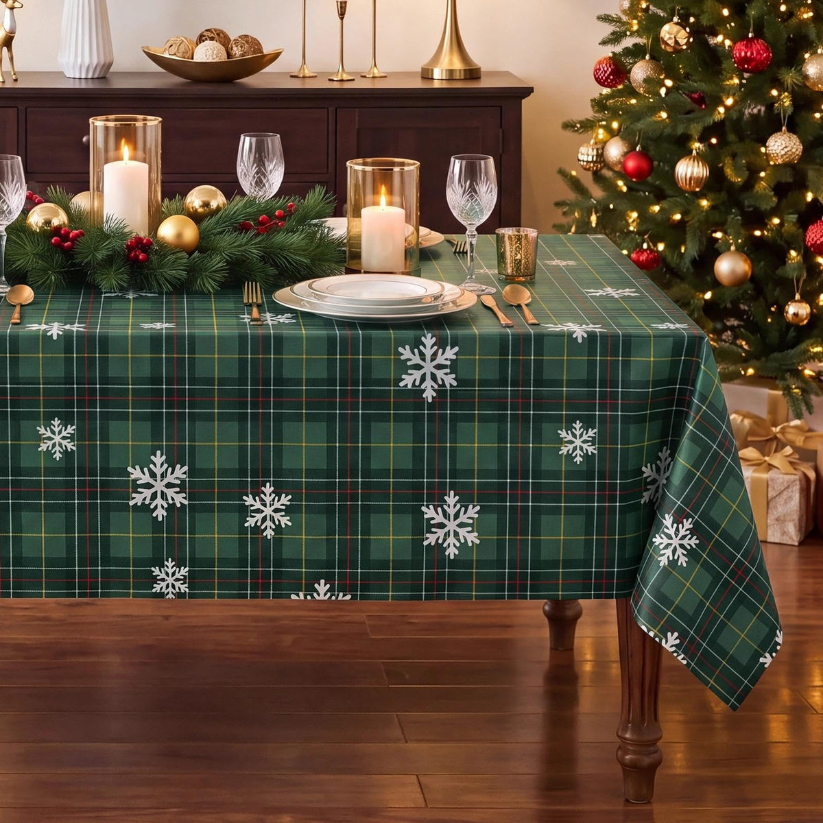 Christmas Plaid Vinyl Tablecloth, Rectangle 54 x 78, Green