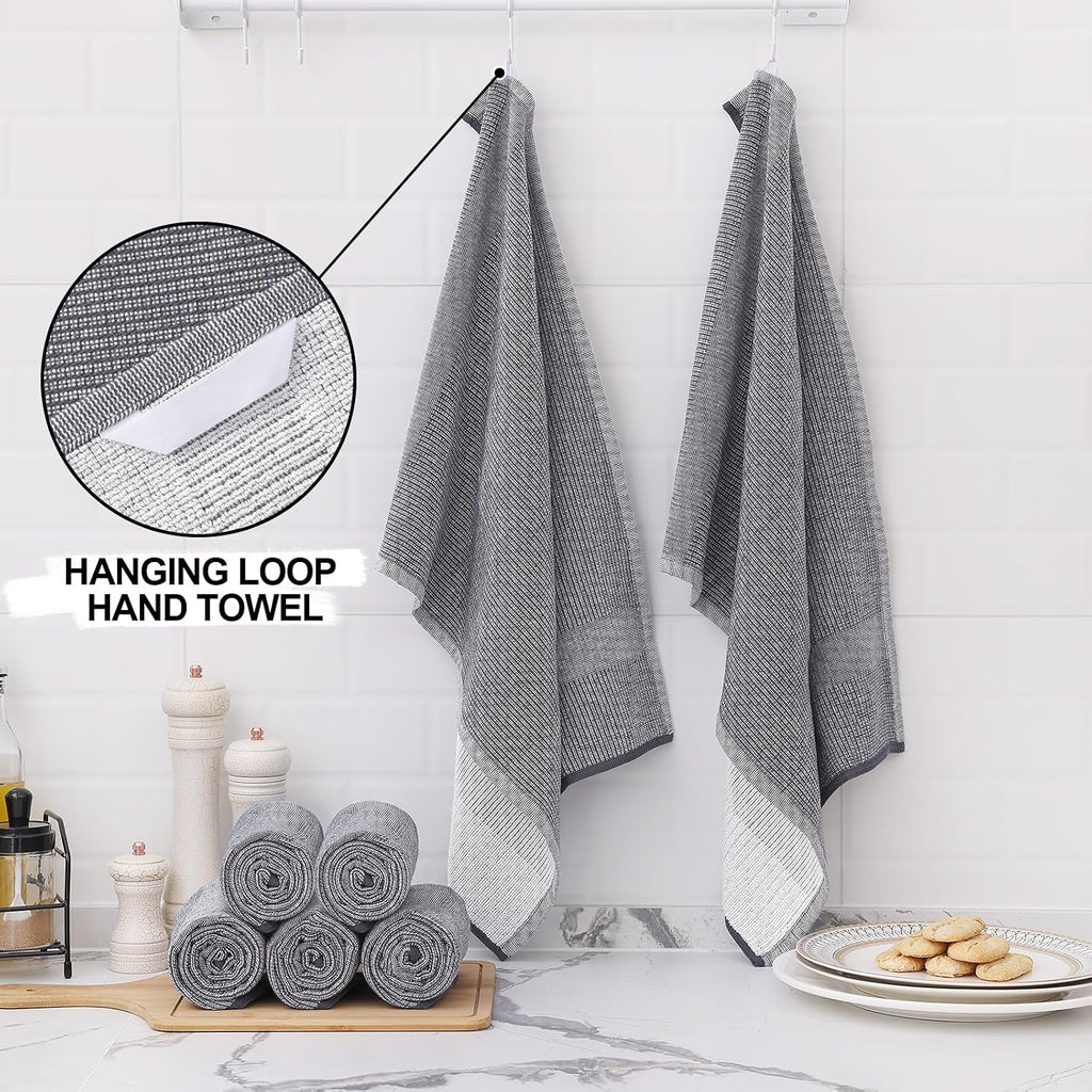 380 GSM Cotton Premium Kitchen Towels 6 Pack, 18"x 28", Grey | Flat and Terry Dish Towels, Highly Absorbent Tea Towel