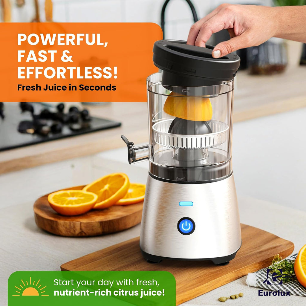 Electric Citrus Juicer Stainless Steel | Premium Hands-Free One-Touch Orange Juice Squeezer for Oranges, Lemons, and