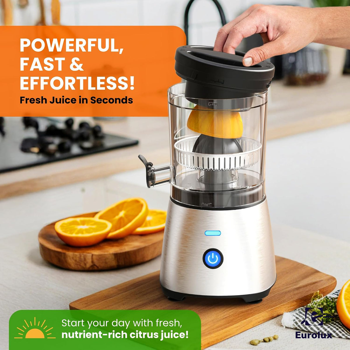 Electric Citrus Juicer Stainless Steel | Premium Hands-Free One-Touch Orange Juice Squeezer for Oranges, Lemons, and