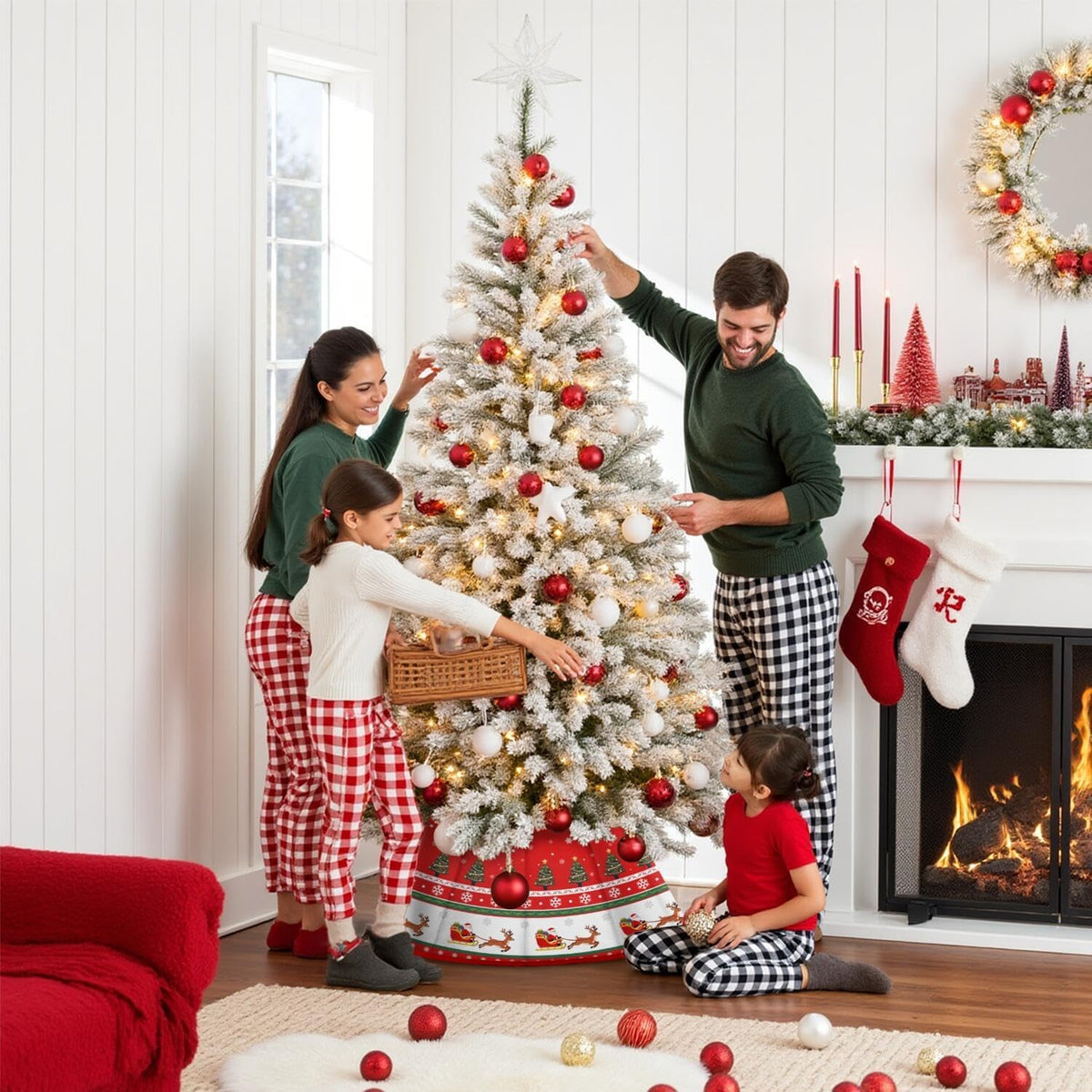 Christmas Tree Collar 25.6", Red Velvet Folable Christmas Trees Ring Skirt, Santa Claus Reindeer Snowflaks Base Stand