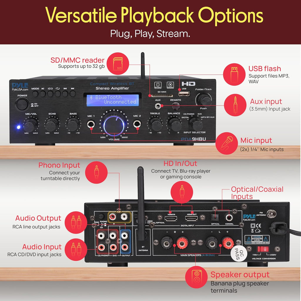 Wireless Bluetooth Home Stereo Amplifier - Multi-Channel 200 Watt Power Amplifier Home Audio Receiver System w/HDMI