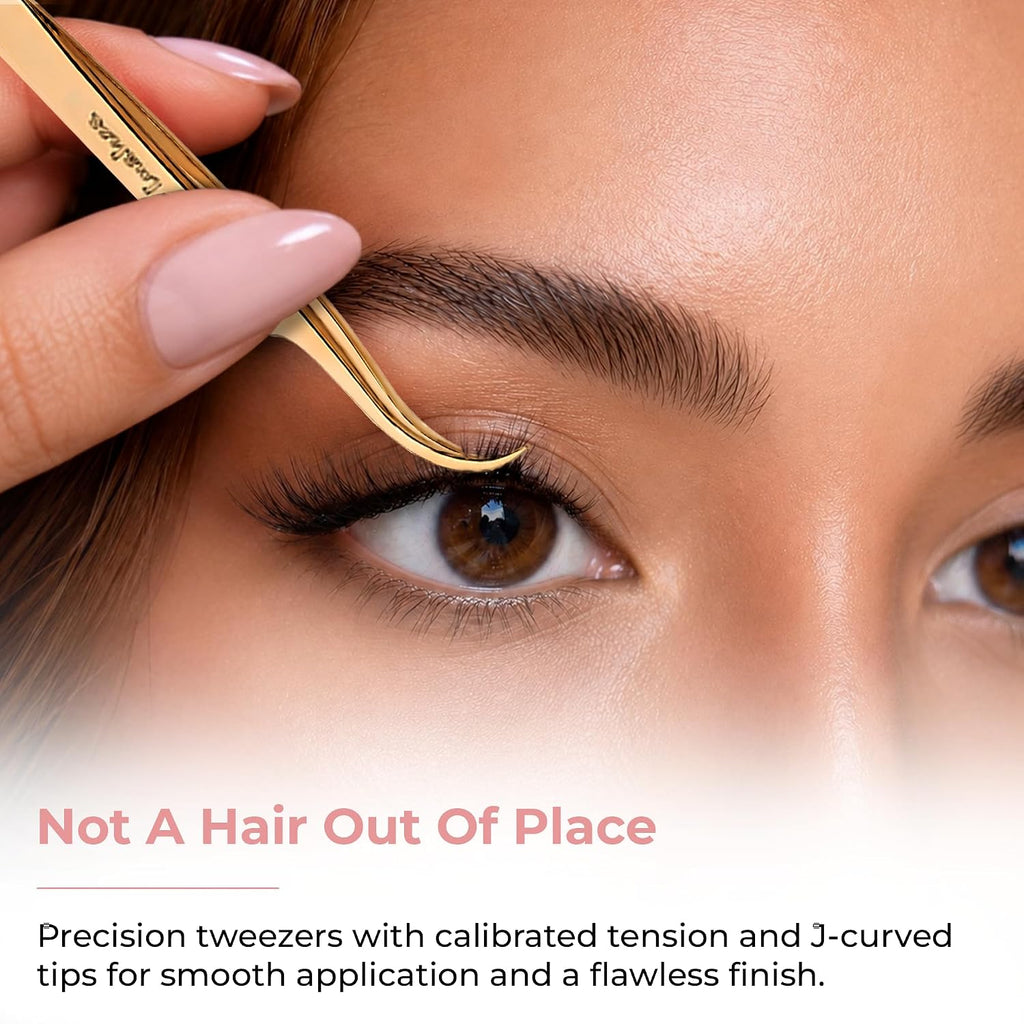 Eyelash Tweezer - 24K Gold-Plated Stainless - J-curved Tip for Precise Application - Applicator Tool for False