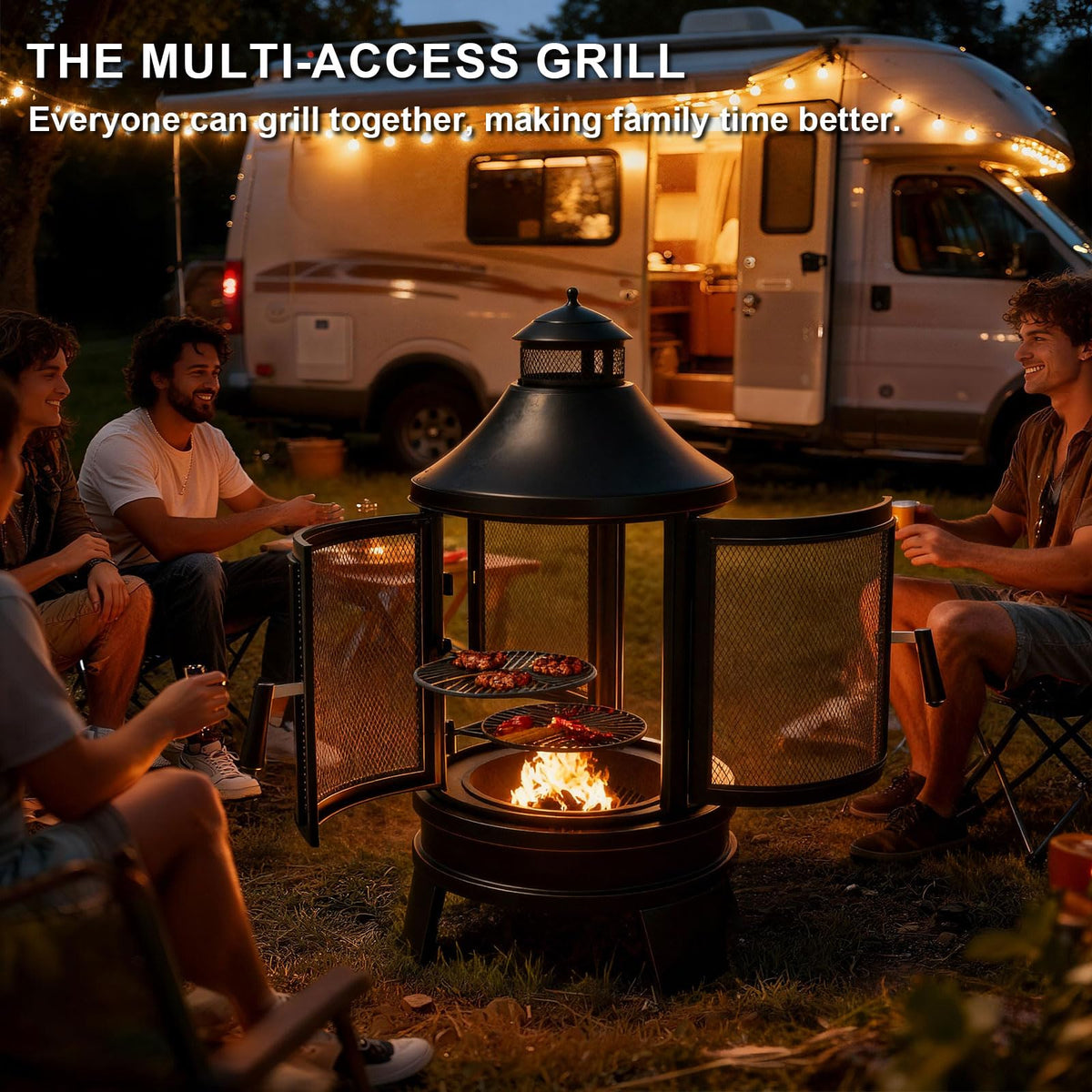 Metal Chiminea Fire Pit with Grill, 2 in 1 Firepit with Adjustable Grill Tray & Mesh Spark Screen Door, 3-Door