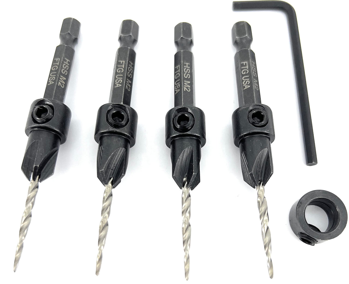 FTG USA #4 (7/64") Wood Countersink Drill Bit 4-Pc Set with 3/8" Depth Stop