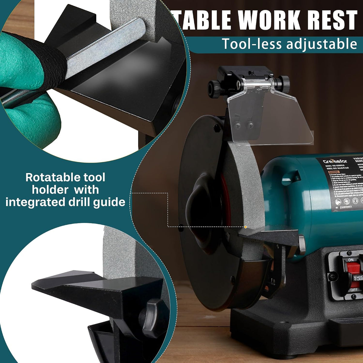6-Inch Variable Speed Bench Grinder with Grinding Wheel Dresser, 1725–3450 RPM 2.5 Amp Brushless Induction Motor, LED