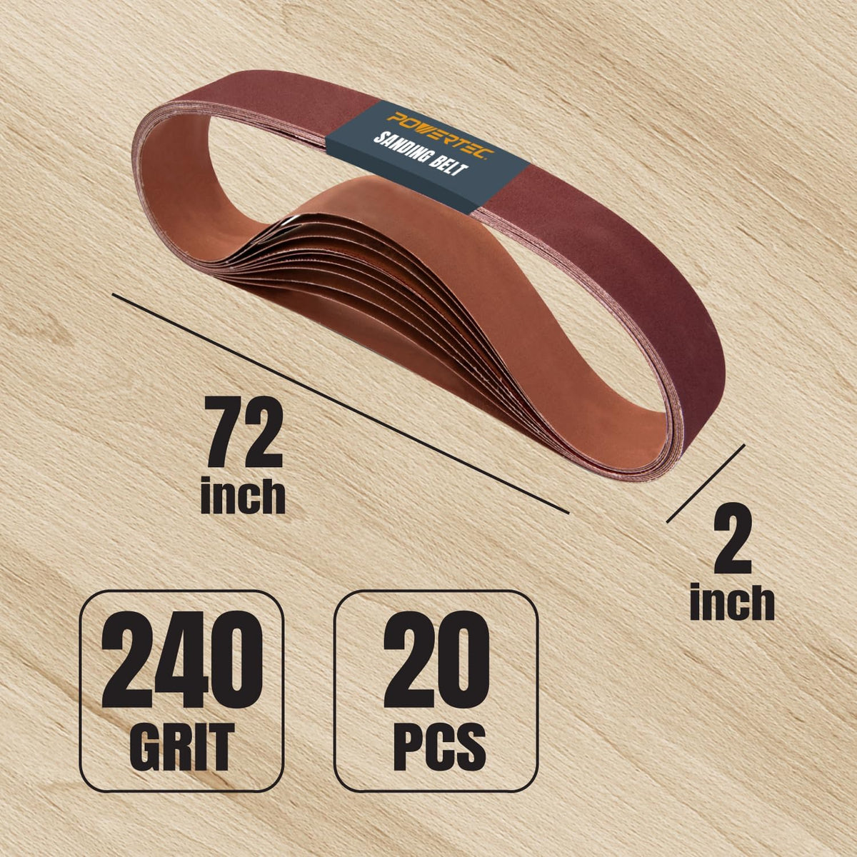 POWERTEC 2 x 72 Inch Sanding Belts, 240 Grit Aluminum Oxide Grinding Belts for Belt Grinder, Wood & Paint Sanding, Metal Polishing, Knife Sharpening, 20PK (111530-P2)
