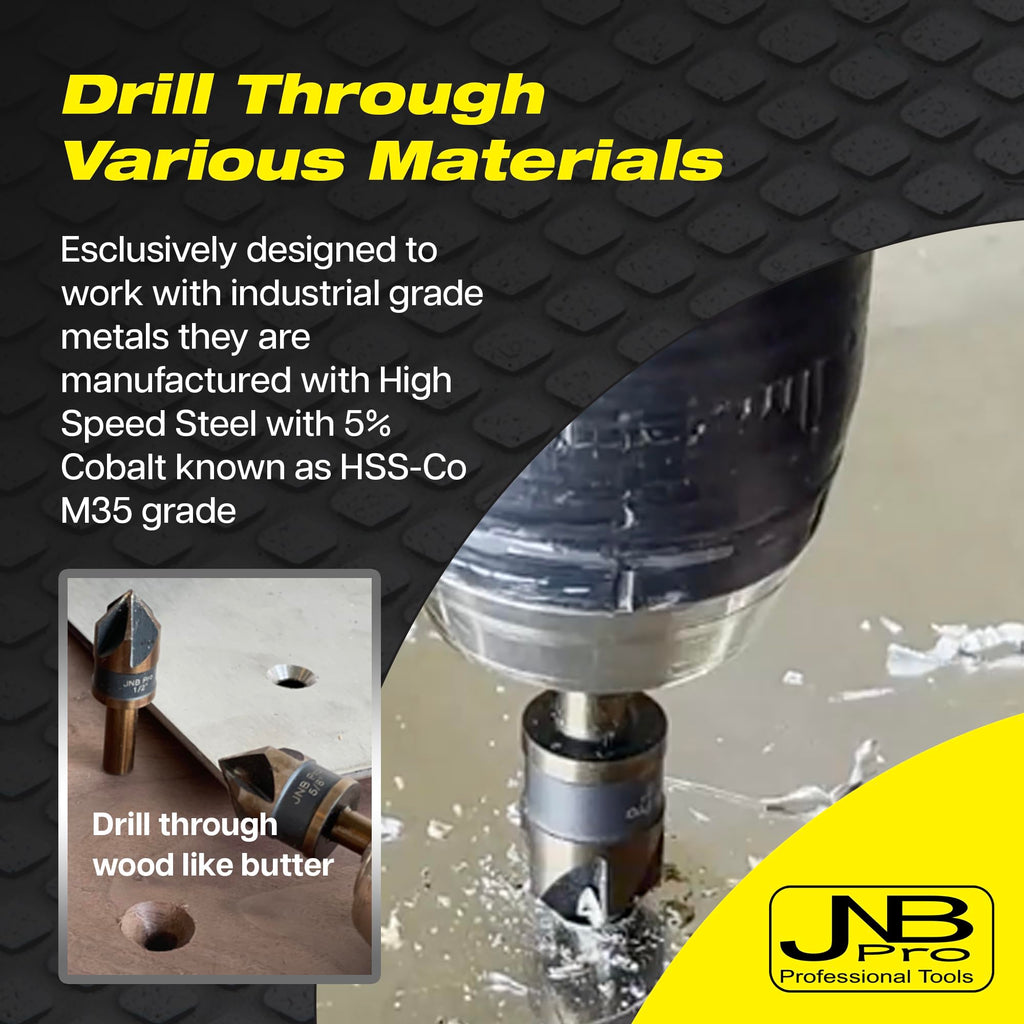 JNB Pro 5PC Countersink Bits for Steel - Sizes 1/4" 3/8" 1/2" 5/8" 3/4", Metal Working Countersinks, 5 Flute Design 82° M35 HSS 5% Cobalt Grade Bit 1/4" Shank - Ideal for Stationary or Hand Drill