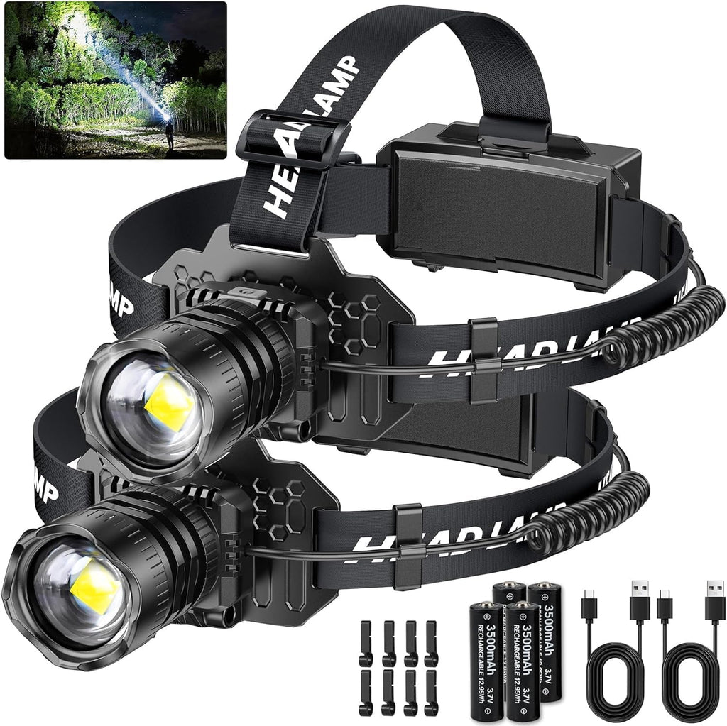 Rechargeable LED Headlamp 2-Pack - 99000 Lumens Super Bright with Motion Sensor & 90° Rotation - Waterproof Headlight