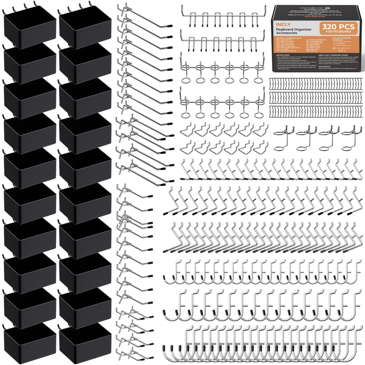 320PCS Pegboard Accessories Organizer Kit with Peg Borad Hooks & Bins