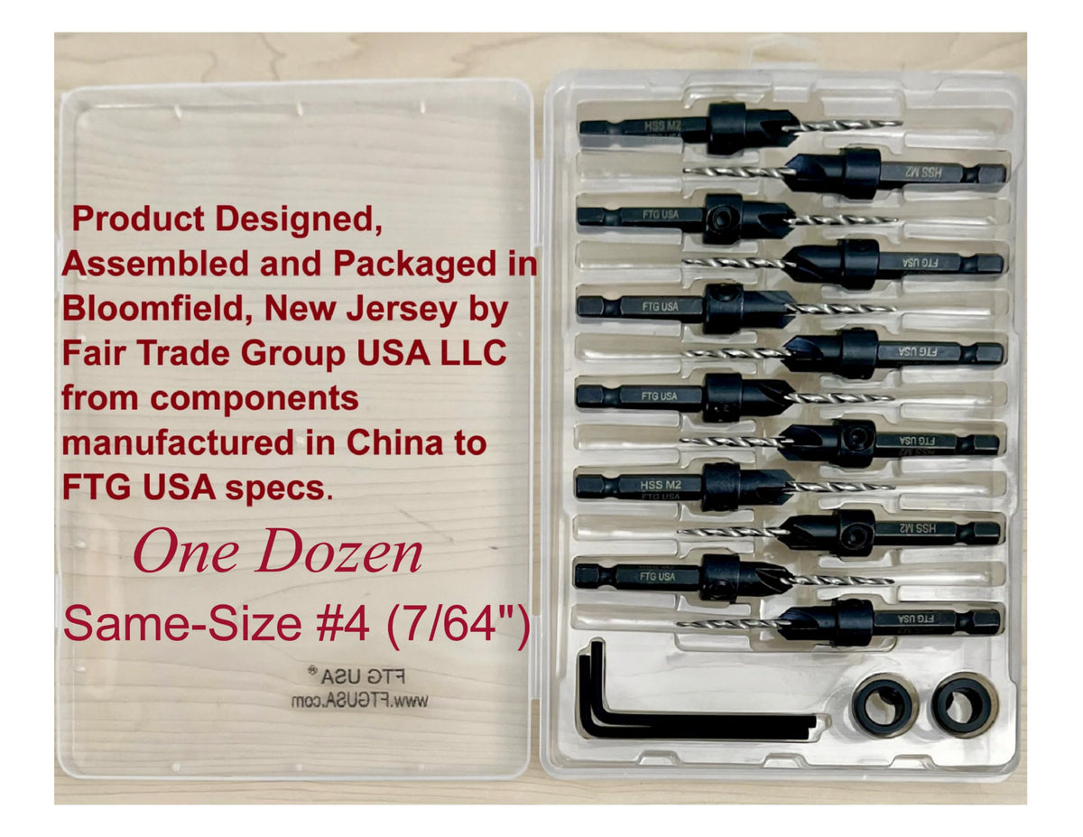 FTG USA 12 Pc #4 (7/64") Countersink Drill Bit Set with Tapered Drill Bits