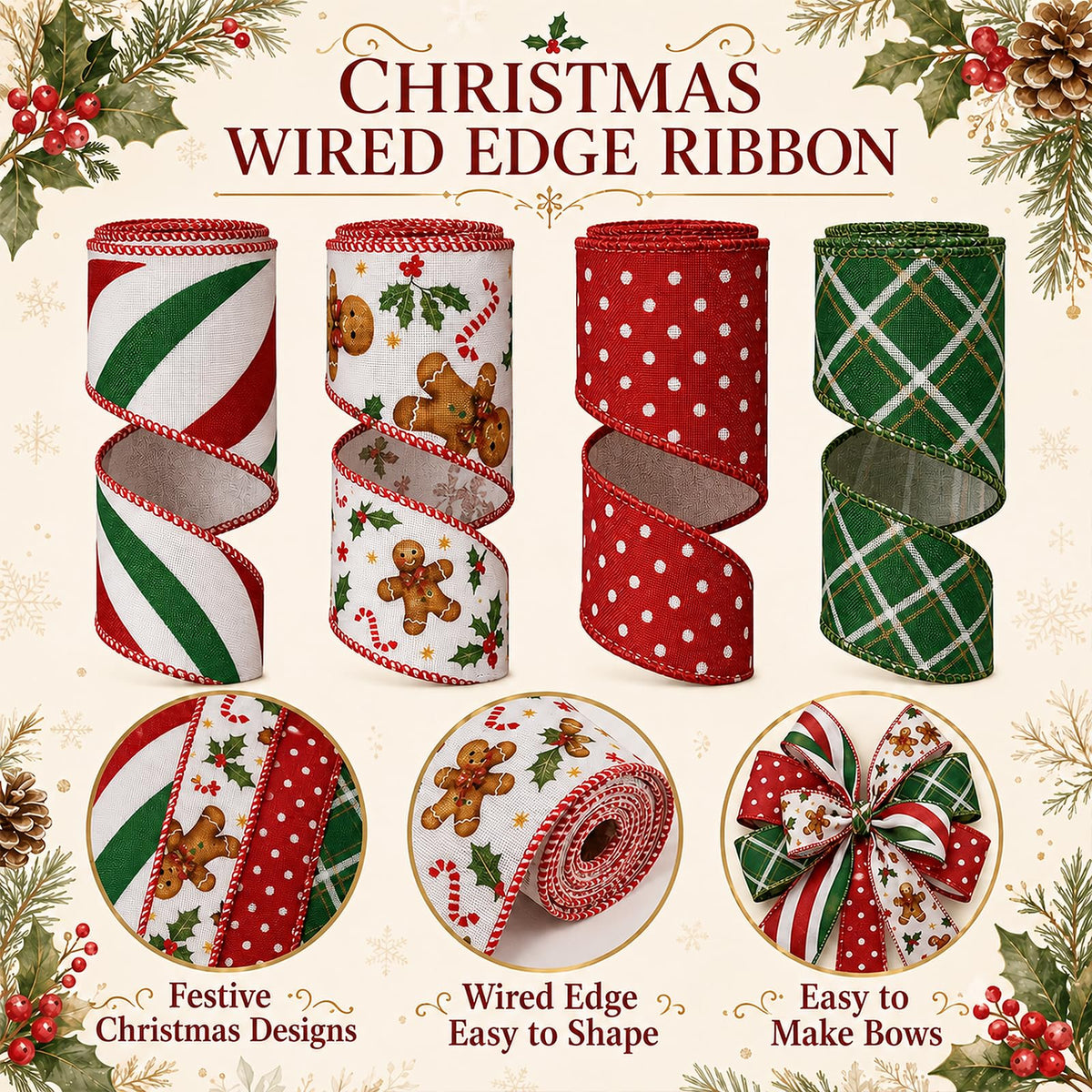 Christmas Wired Ribbon, 4 Rolls, 2.5 in x 5 yd Each, 20 yd Total