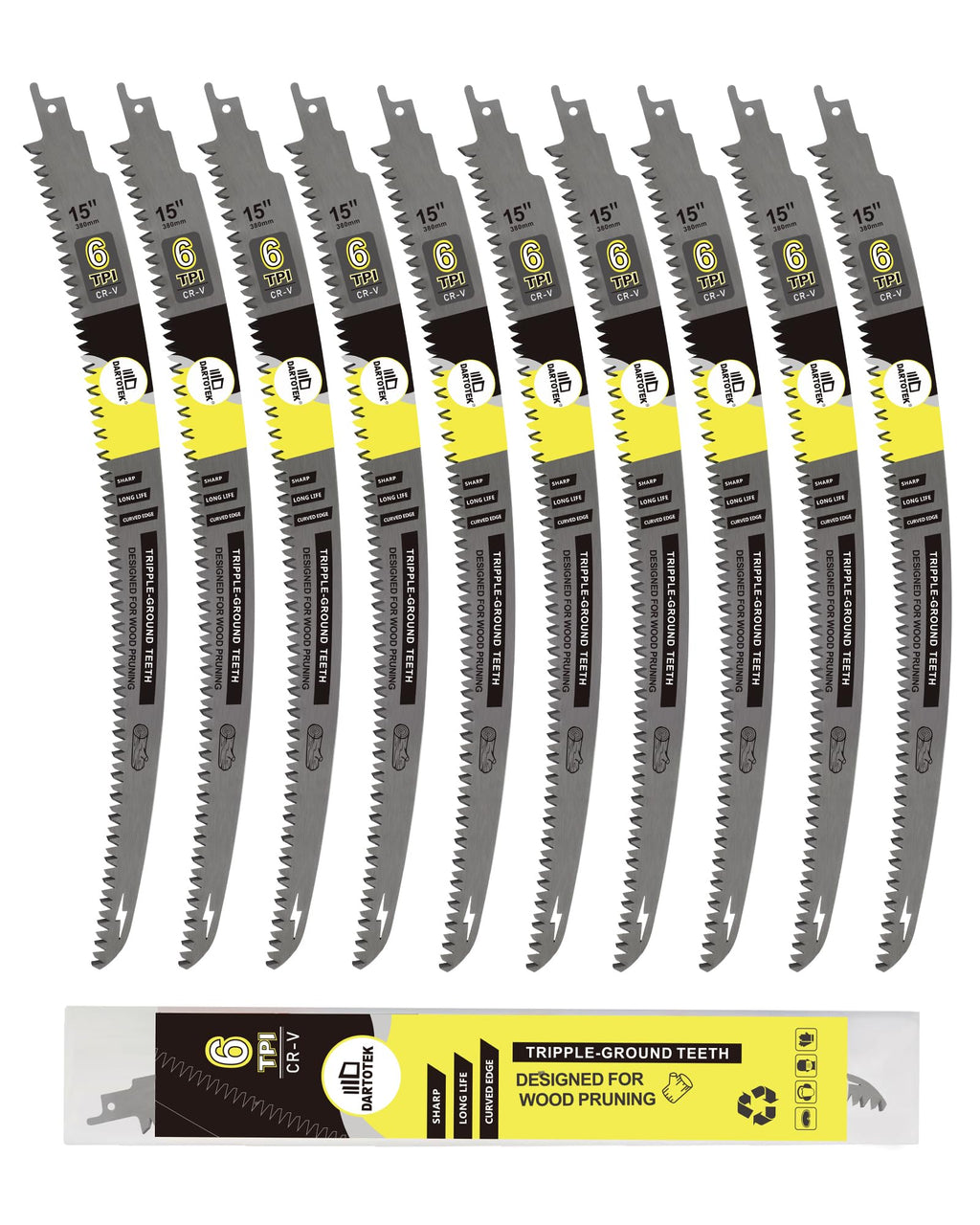 15-Inch Japanese Teeth Reciprocating Saw Blades 10PCS, DARTOTEK Curved Edge 6TPI Pruning Blades for Wood, Tree Trimming Cutting, Fits Most Reciprocating Saws(10 of Pack)