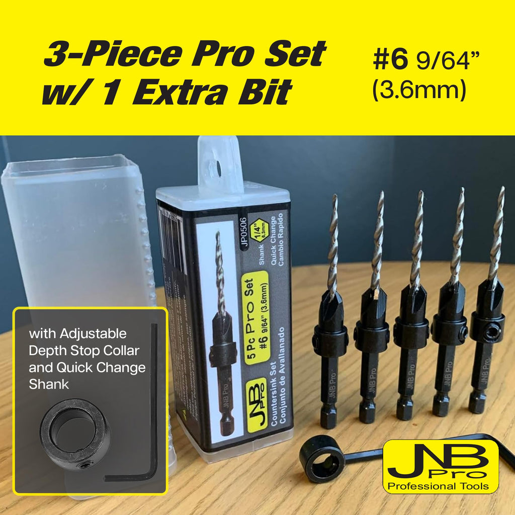 JNB Pro Countersink Bit Set for Wood, 3 Bits + 1 Free Extra, Tapered Bits with Adjustable Collar & Hex Wrench, Collar Set for Drilling, Precision Woodworking Tools, Durable Construction, #6 (9/64")