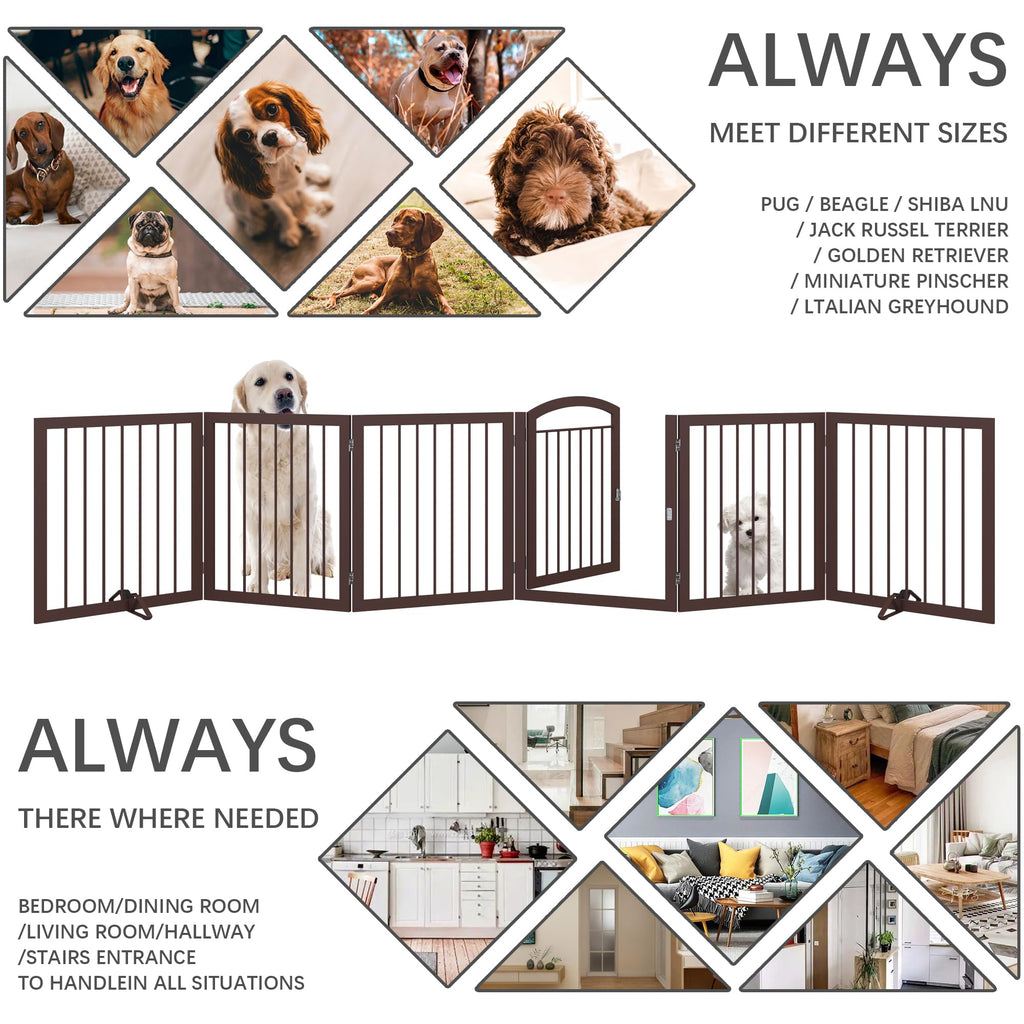 144" x 30" Tall Freestanding Heavy-Duty Steel Folding Pet & Dog Barrier Gate with Walk-Through Swing Door for Wide Indoor Openings, Hallways & Stairs