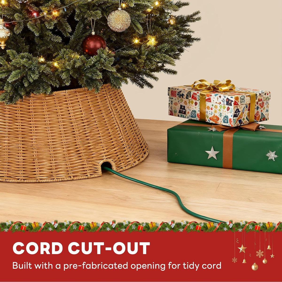 27in Christmas Tree Collar, Wicker Skirt for 7.5ft Artificial Trees, 4-Piece Wicker Base Cover, Natural