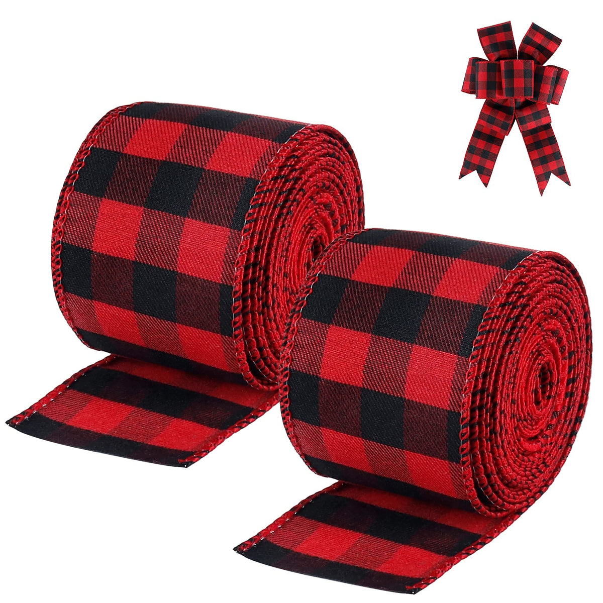 19.6 Yard 2.5 inch Wide Buffalo Plaid Ribbons Wired Edges, 2 Rolls Red and Black Checkered Ribbon for Christmas Tree