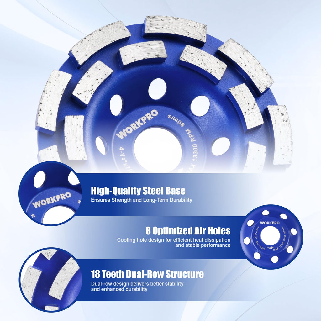 WORKPRO 4.5" Diamond Concrete Grinding Wheel, Double Row Cup Wheel