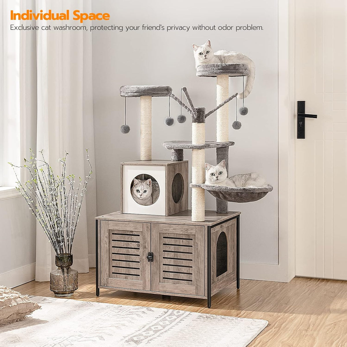 Cat Tree with Litter Box Enclosure, 27.6" L x 18.9" W x 52" H, All-in-One Wooden Cat Tower, Cat Furniture for Indoor