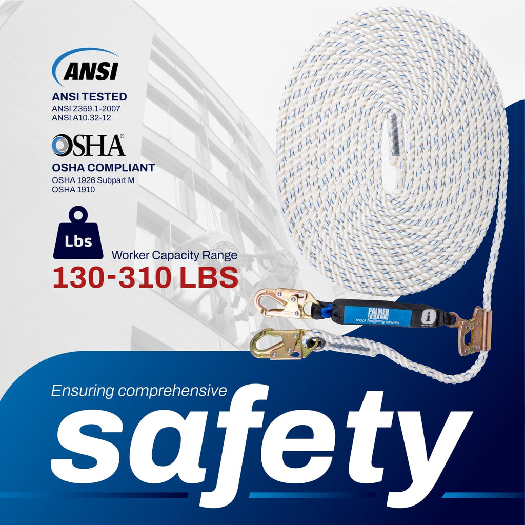 Vertical Lifeline Assembly - 100FT Rope Harness Safety Lanyard with Rope Grab - Fall Protection Kit