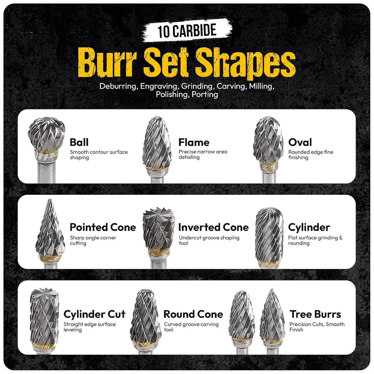 10Pcs Tungsten Carbide Burr Set 6.35mm - 1/4" Shank Double Cut Die Grinder Bits Cutting Burrs - Metal, Steel - Rotary Tools Rasp Accessories - Deburring, Engraving, Grinding, Carving, Porting