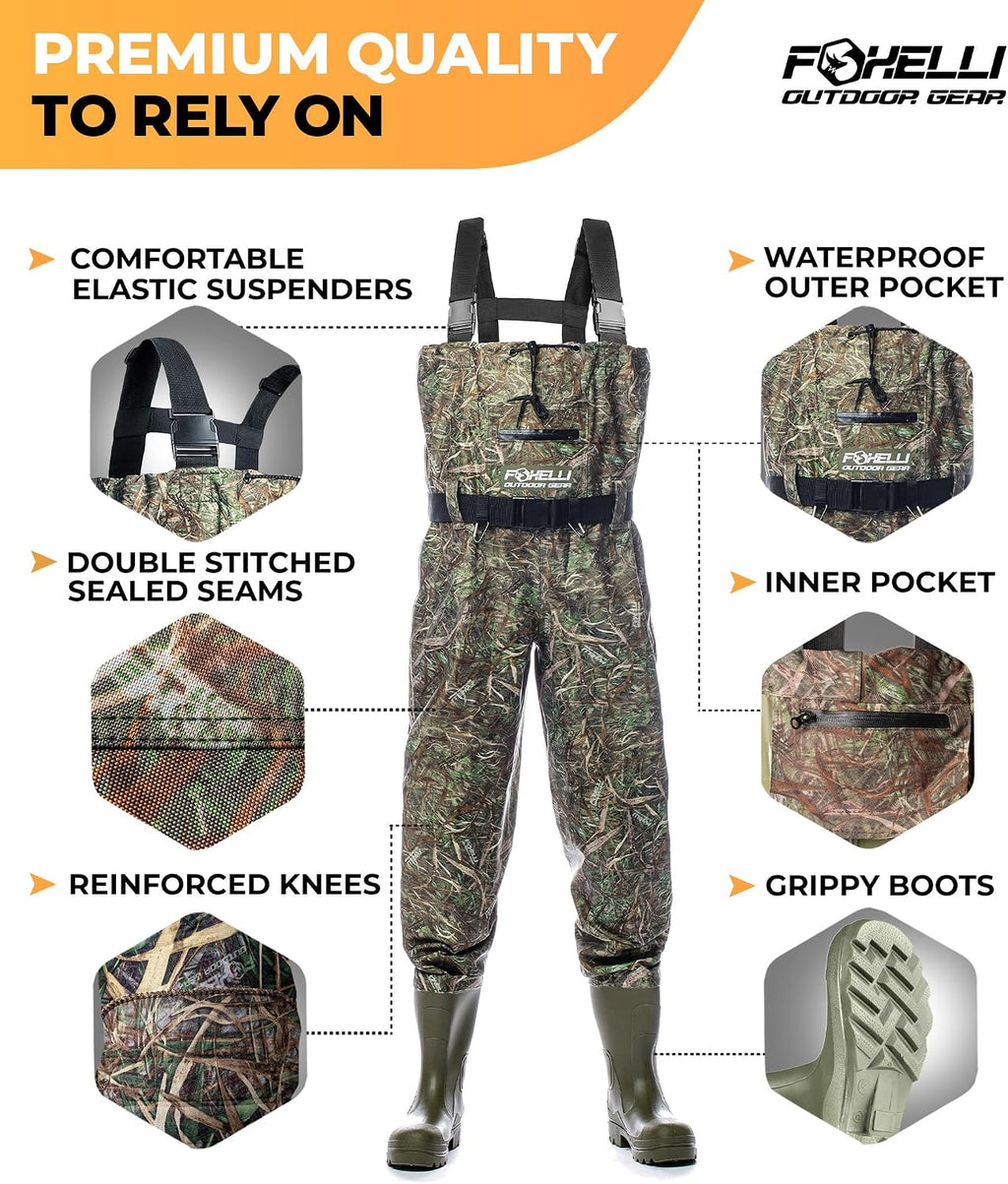 Chest Waders – Waterproof 2-ply Nylon/PVC Camo Hunting Fishing Waders for Men and Women with Boots