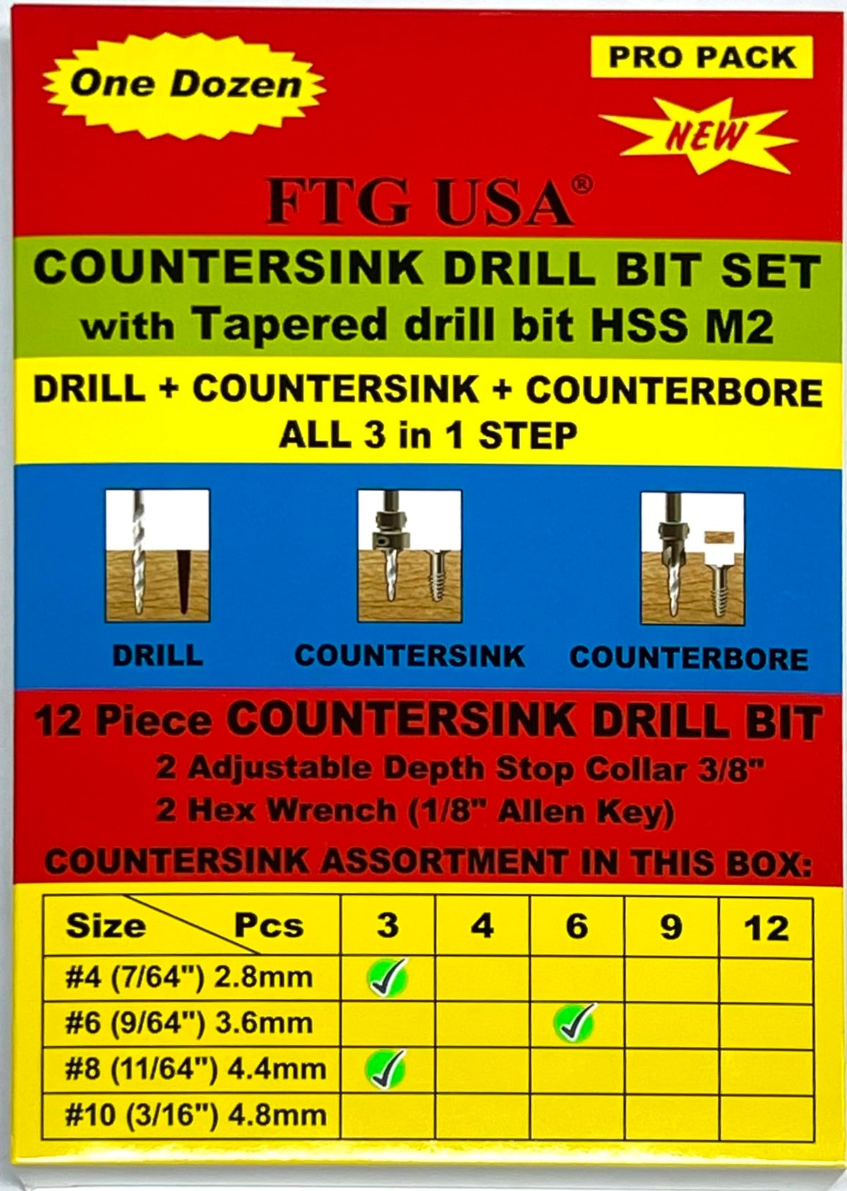 FTG USA Countersink Drill Bit Set 3 Pc #4, 6 Pc #6, 3 Pc #8, Tapered Bits