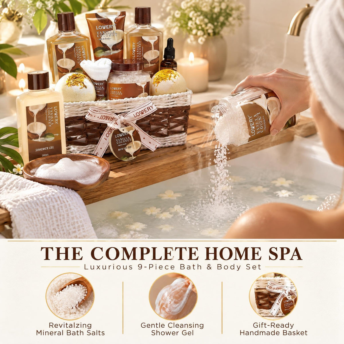 Gifts For Women Gift Basket for Women– 9 Piece Set of Vanilla Coconut Home Spa Set, Luxurious Gifts for Her, Bath and