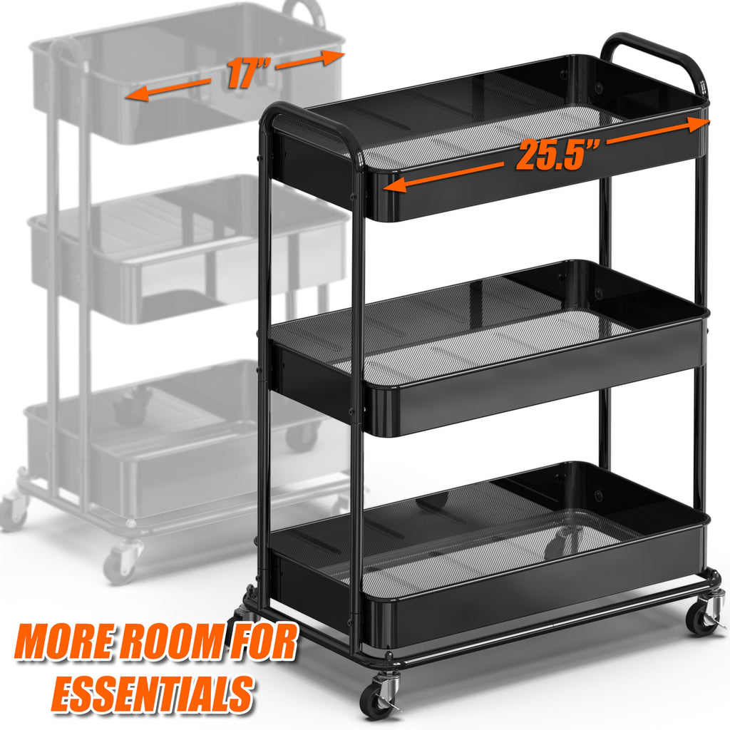 26" Extra-Wide 3-Tier Heavy Duty Metal Utility Cart, Black