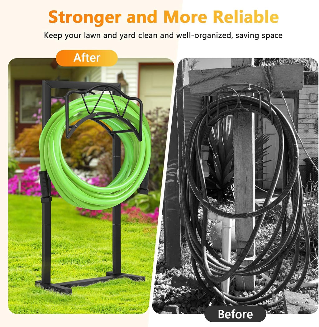 Freestanding Outdoor Garden Hose Holder, Heavy Duty Metal Storage Stand with 4 Spikes, Space Saving Organizer for
