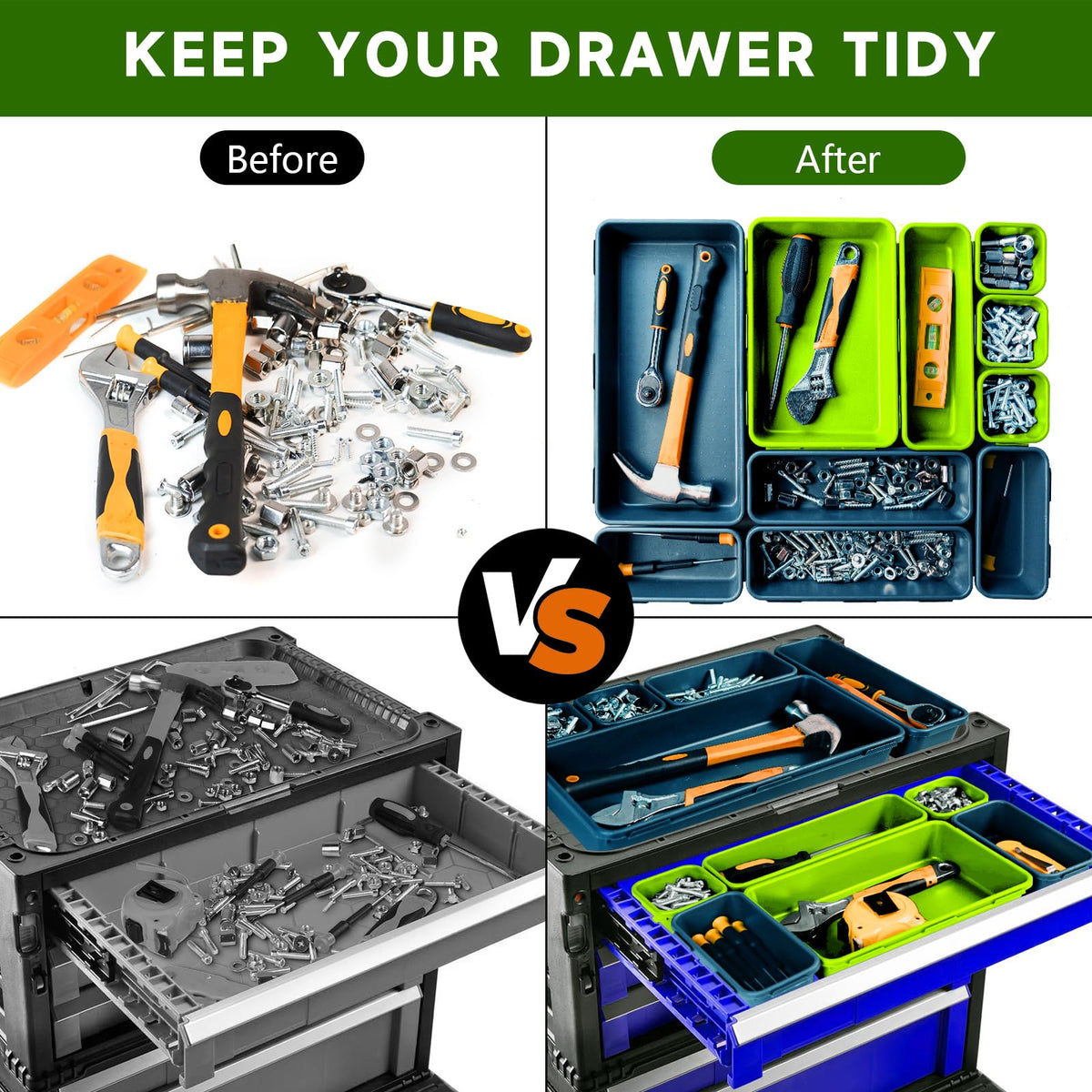 Tool Box Organizer Tray, 60 PCS & 5 Sizes, Blue and Green