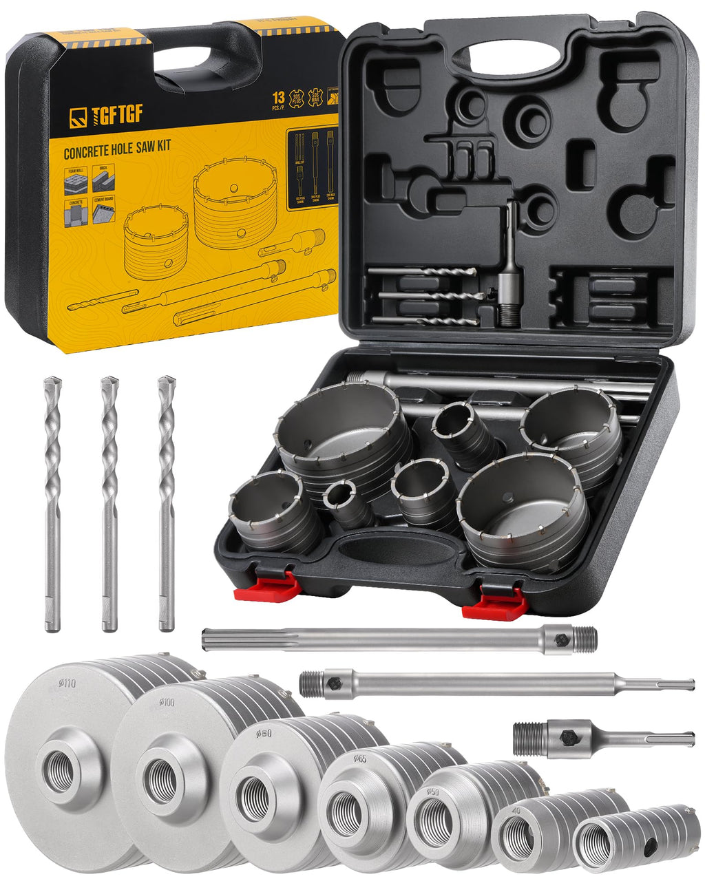 TGFTGF 19PCS Concrete Hole Saw Kit with 300/110mm SDS Plus & 300mm Max Shank and 3 Drill Bits, 30/40/50/65/80/100/110mm Hole Saw Kit, Masonry Hole Cutter Set for Brick, Cement, Stone, Wall Drilling