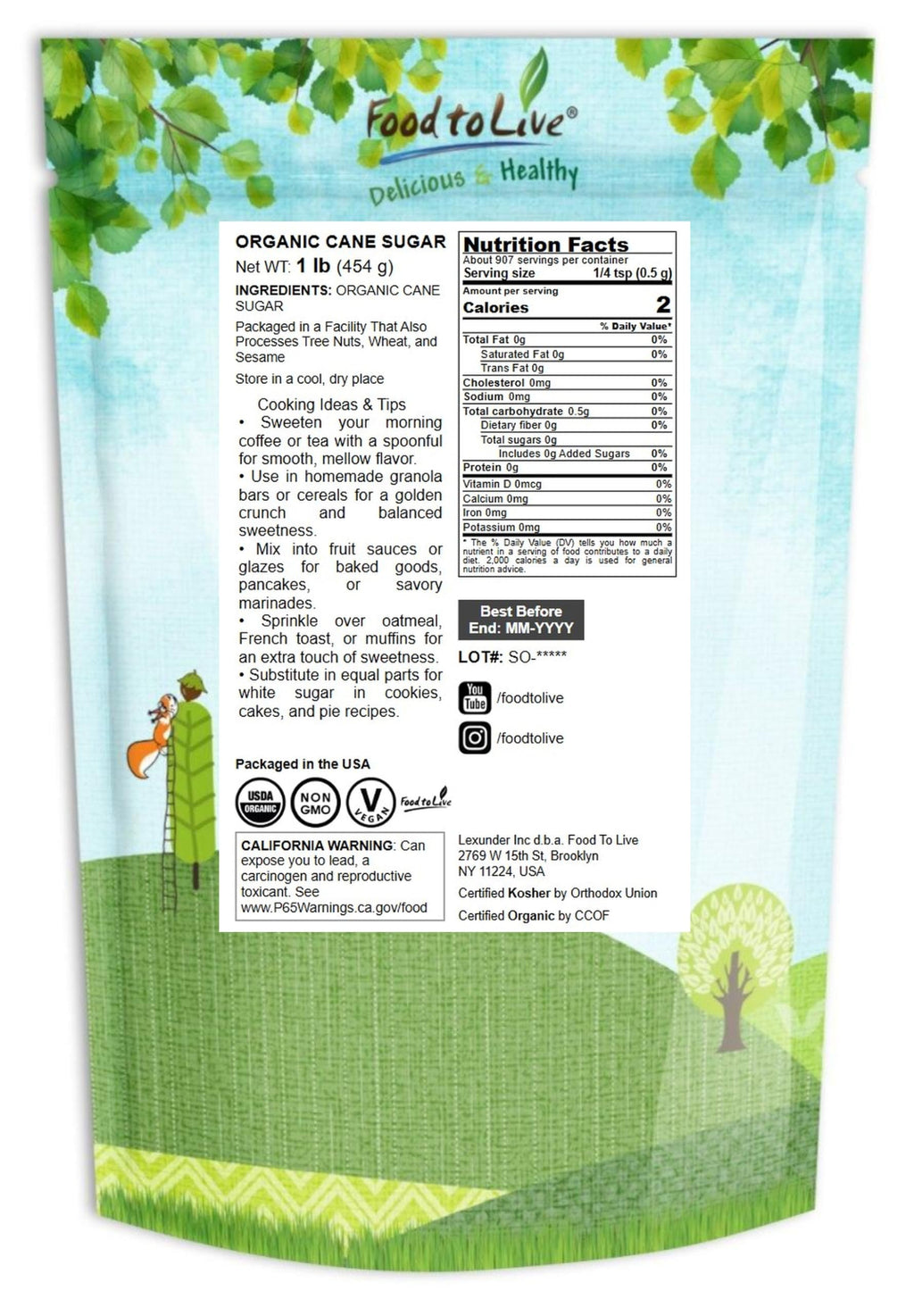 Organic Cane Sugar, 1 Pound – Pure Sweetness from Nature, Unrefined, Perfect for Baking, Cooking and Sweetening