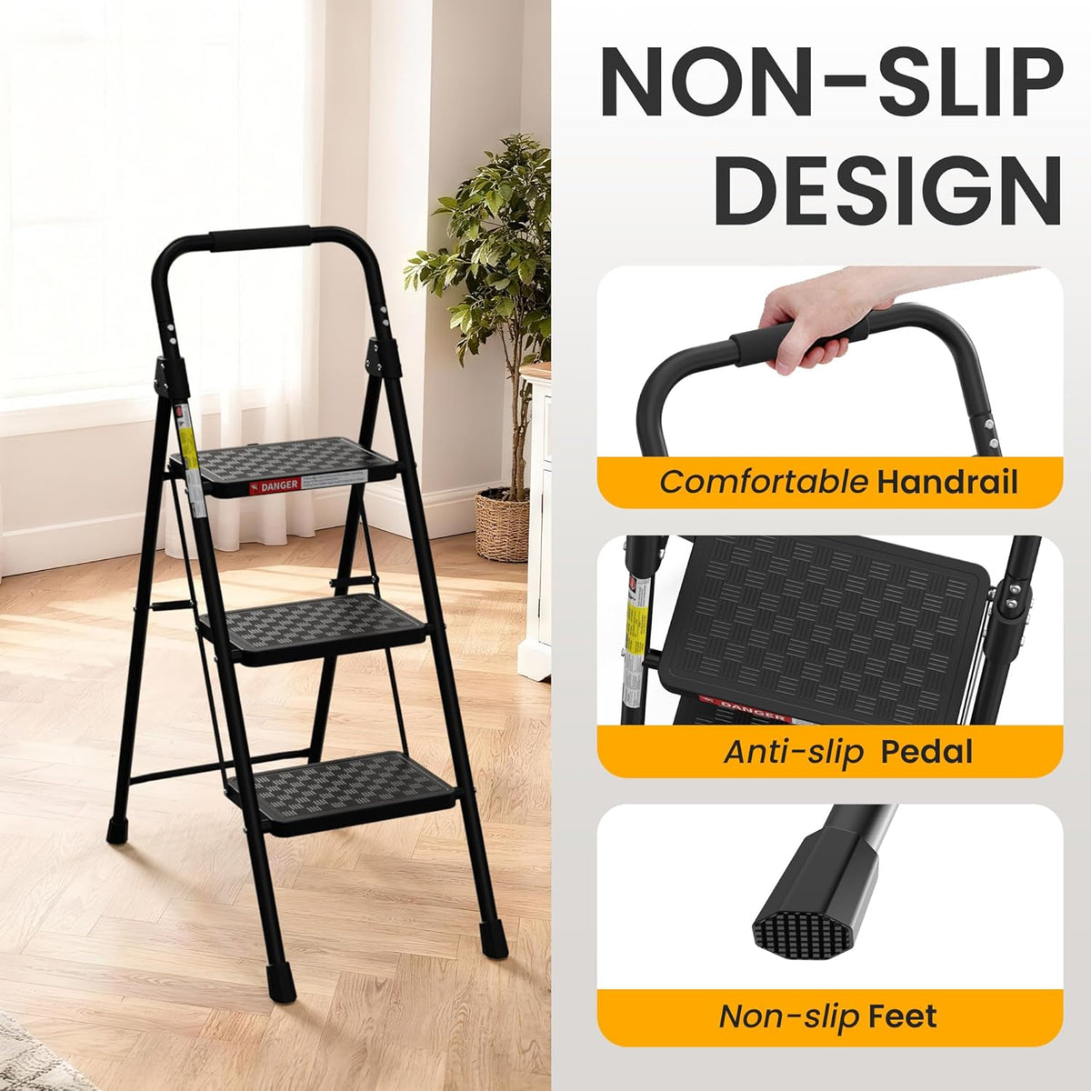 3 Step Ladder, Folding Step Stool with Wide Anti-Slip Pedal, Step Stool Foldable with Cushioned Handle for Home and