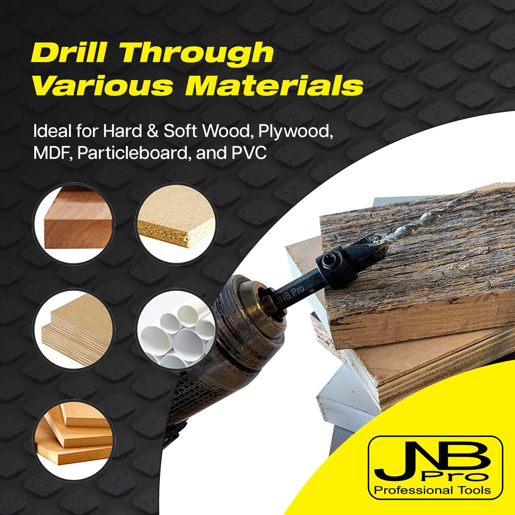 JNB Pro Countersink Drill Bit Set – 5pc Self-Centering Woodworking Bits with 4 Flutes, M2 HSS Material, 1/4" Hex Change, Depth Collar, Includes 2 Free Tapered Bits for Precision Drilling – #6 (9/64")