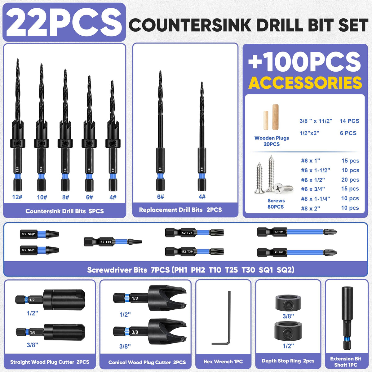 Countersink Drill Bit Set 22PCS with 20 Wood Plugs & 80 Screws for Wood
