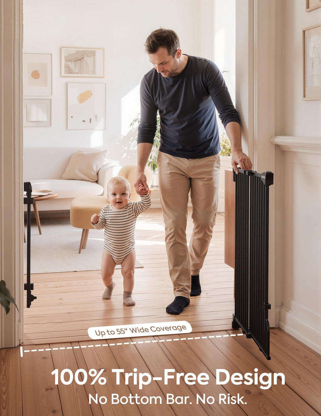 35.5-55" x 30" H Adjustable Hardware/Pressure-Mounted Pet & Child Safety Gate with Dual-Lock Walk-Through Swing Door for Stairs, Hallways & Wide Doorways — Black