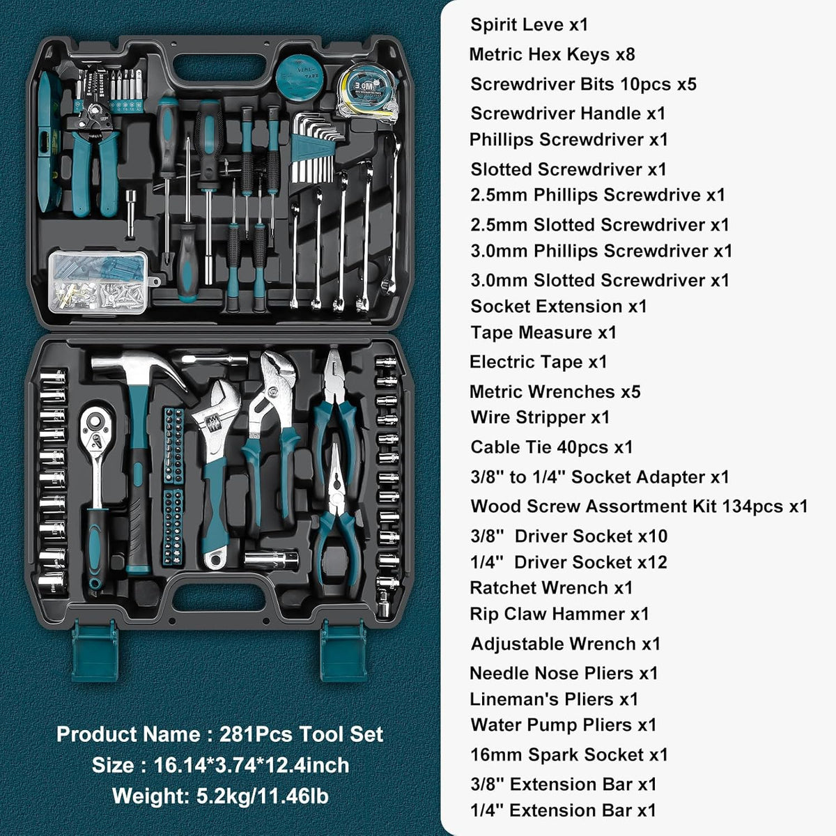 Home Tool Kit 281-PCs - Portable Complete Basic Repair General Hand Tool Sets for Men Women - Full Tool Set with